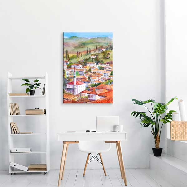 Sulu Boya Anadolu Köyü Manzarası Kanvas Tablo 12054