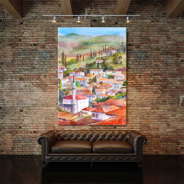 Sulu Boya Anadolu Köyü Manzarası Kanvas Tablo 12054