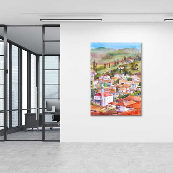 Sulu Boya Anadolu Köyü Manzarası Kanvas Tablo 12054