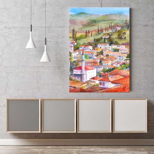 Sulu Boya Anadolu Köyü Manzarası Kanvas Tablo 12054