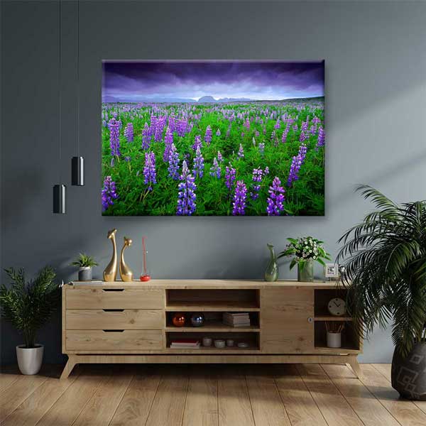 Mor Lupin Çiçekleriyle Doğa Manzarası Kanvas Duvar Tablosu 2121