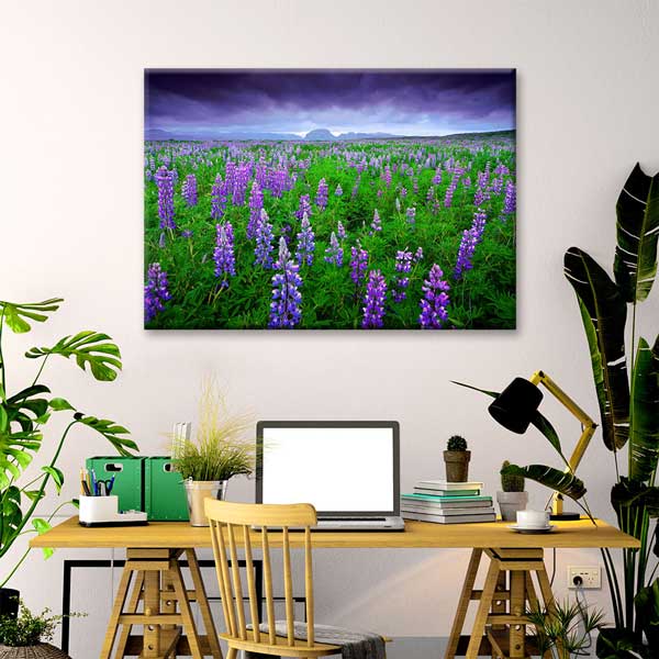 Mor Lupin Çiçekleriyle Doğa Manzarası Kanvas Duvar Tablosu 2121