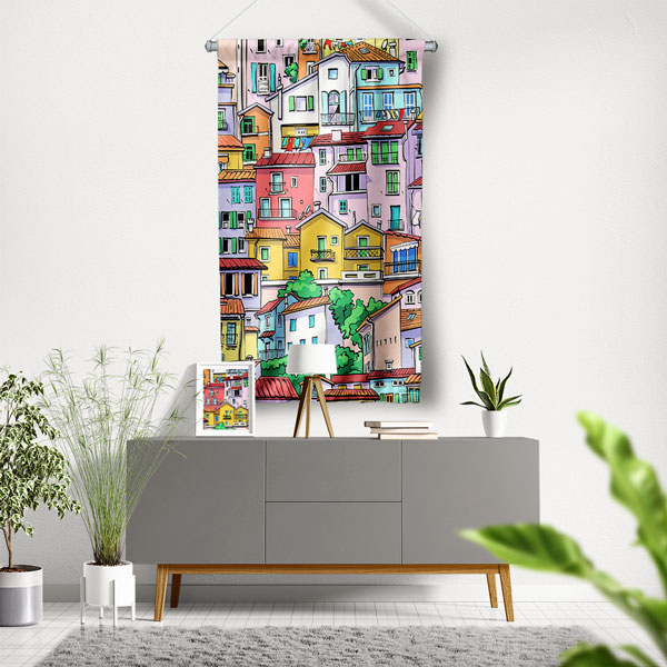 Renkli Evler Çizimli Dekoratif Duvar Flaması 5626