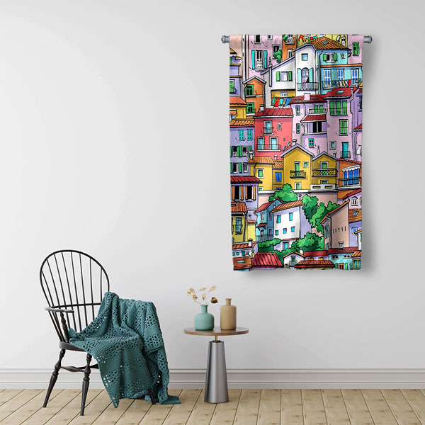 Renkli Evler Çizimli Dekoratif Duvar Flaması 5626