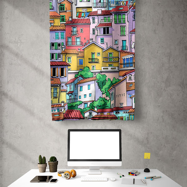 Renkli Evler Çizimli Dekoratif Duvar Flaması 5626