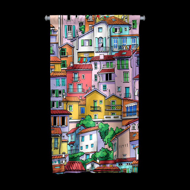 Renkli Evler Çizimli Dekoratif Duvar Flaması 5626