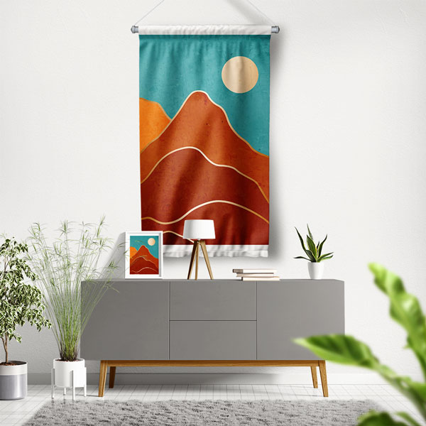 Minimal Kızıl Dağ Manzaralı Duvar Flaması 6305