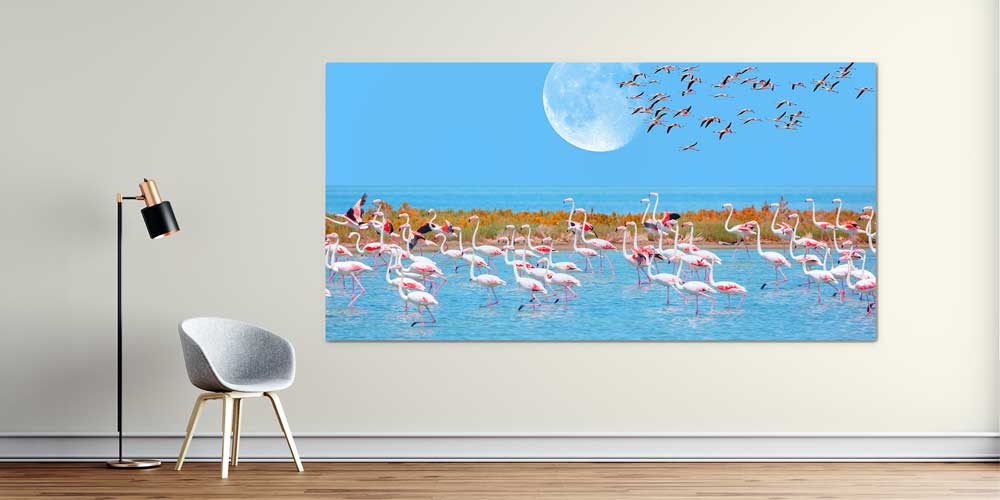 Flamingo Sürüsü ve Ay Manzaralı Büyük Ebat Duvar Dekor Ürünü 11889