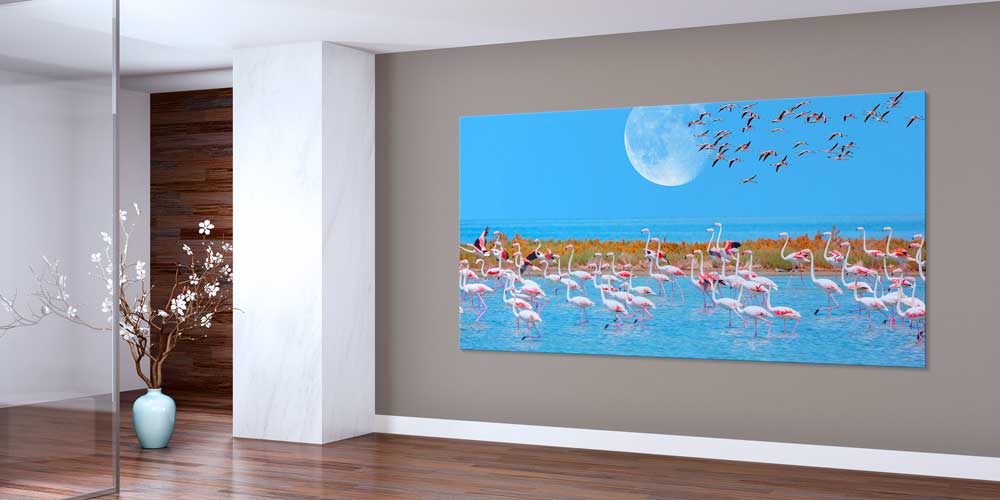 Flamingo Sürüsü ve Ay Manzaralı Büyük Ebat Duvar Dekor Ürünü 11889