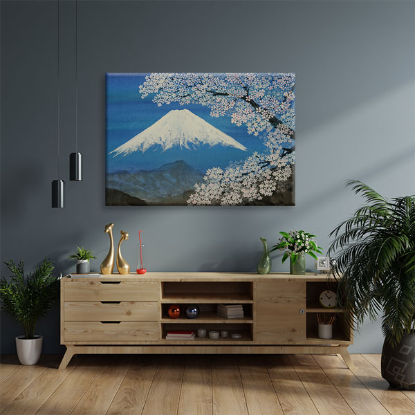 Sakura Çiçekleri ve Karlı Dağ Manzarası Kanvas Tablo 5237