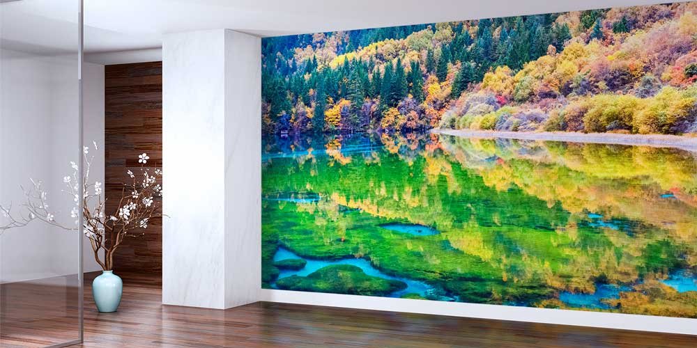 Sonbahar Ormanı ve Yeşil Göl Yansıması Duvar Kaplaması 12869