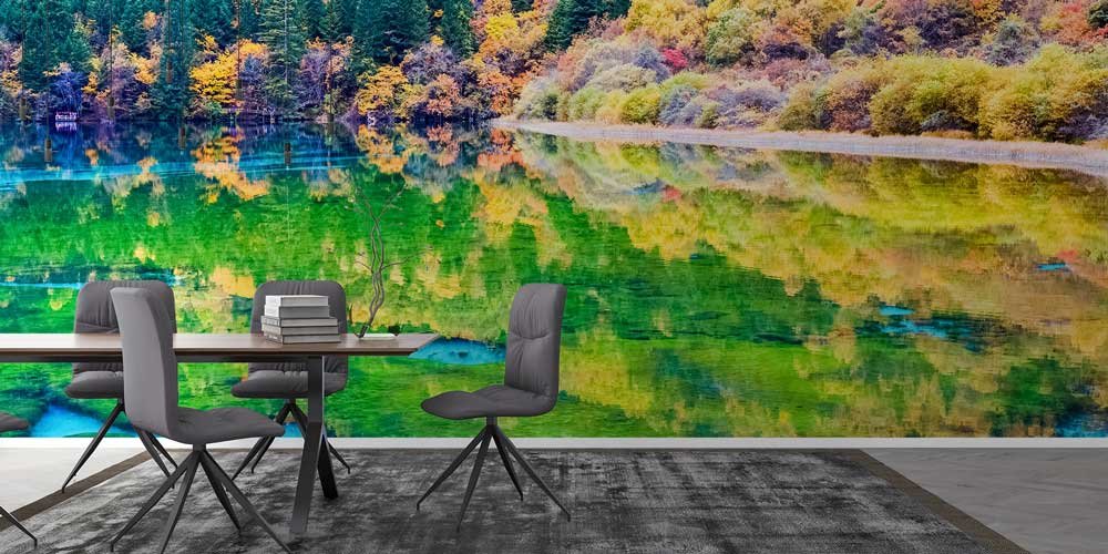 Sonbahar Ormanı ve Yeşil Göl Yansıması Duvar Kaplaması 12869