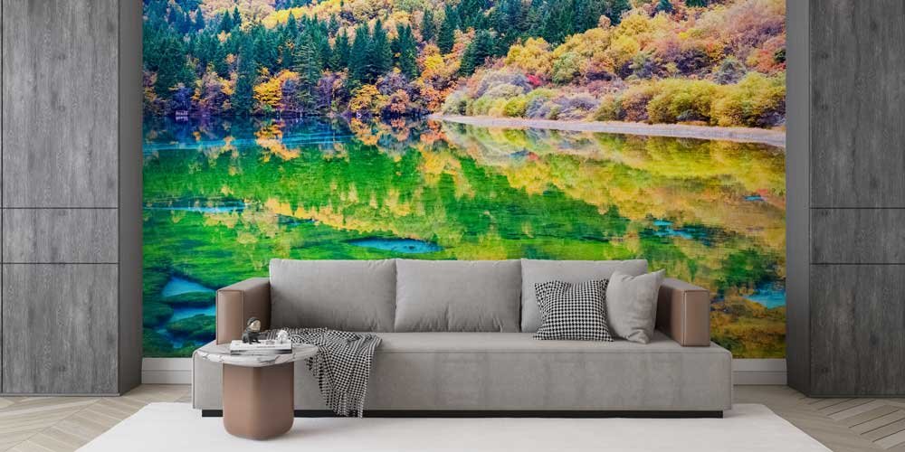 Sonbahar Ormanı ve Yeşil Göl Yansıması Duvar Kaplaması 12869