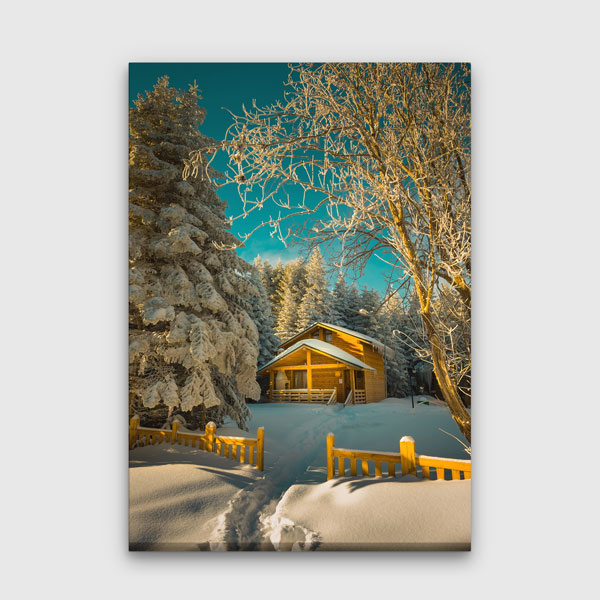 Karlı Orman İçinde Ahşap Dağ Evi Kış Manzarası Kanvas Tablo 12064