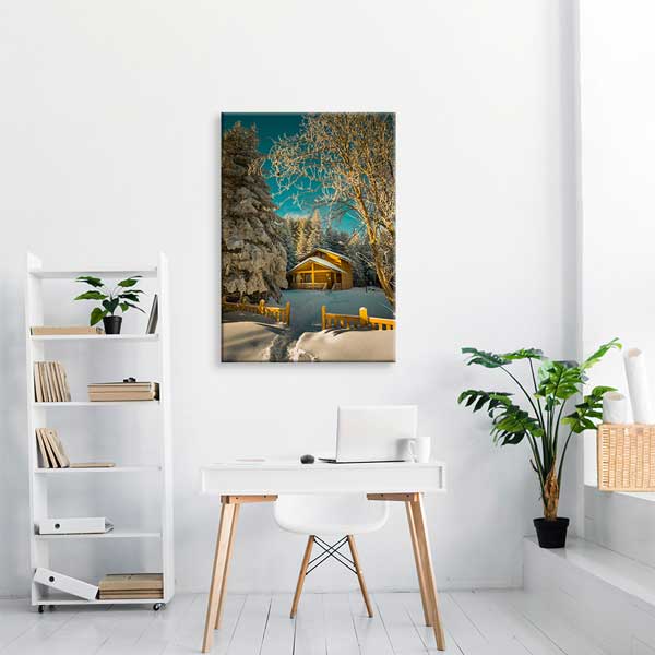 Karlı Orman İçinde Ahşap Dağ Evi Kış Manzarası Kanvas Tablo 12064