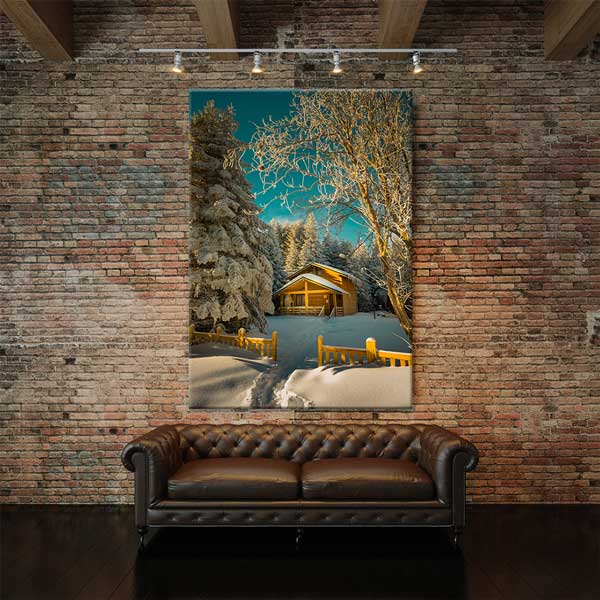 Karlı Orman İçinde Ahşap Dağ Evi Kış Manzarası Kanvas Tablo 12064