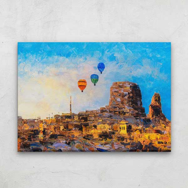 Kapadokya Sanatsal Balonlu Yerleşim Manzarası Kanvas Tablo 12092