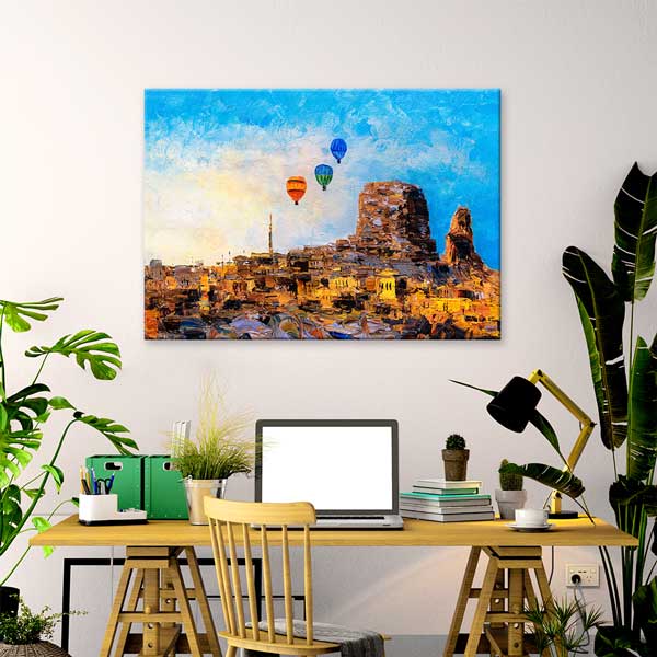 Kapadokya Sanatsal Balonlu Yerleşim Manzarası Kanvas Tablo 12092