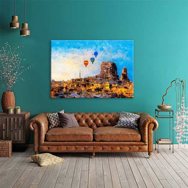 Kapadokya Sanatsal Balonlu Yerleşim Manzarası Kanvas Tablo 12092