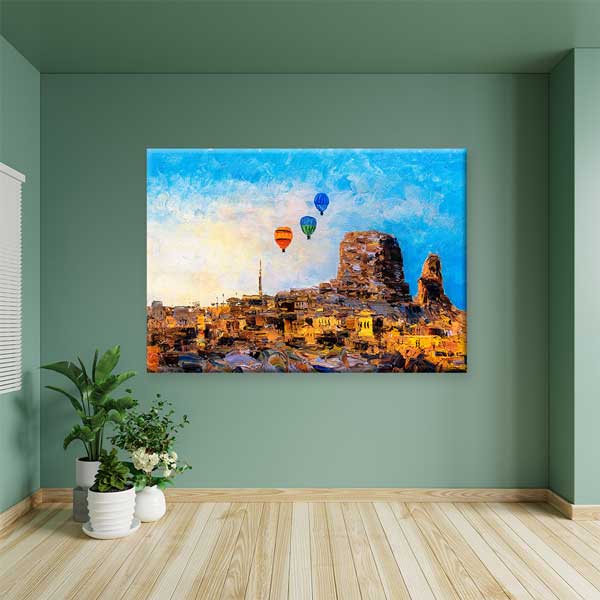 Kapadokya Sanatsal Balonlu Yerleşim Manzarası Kanvas Tablo 12092