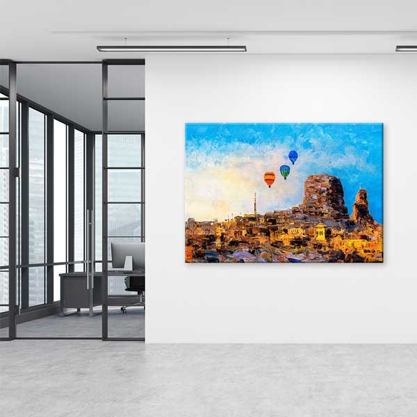 Kapadokya Sanatsal Balonlu Yerleşim Manzarası Kanvas Tablo 12092