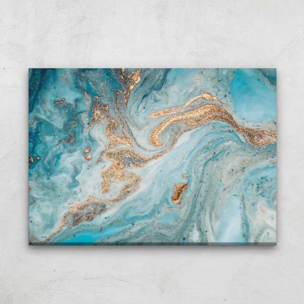 Turkuaz ve Altın Tonlu Modern Ebru Desenli Duvar Tablosu Kanvas Tablo 12130