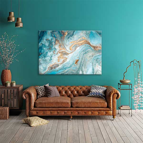 Turkuaz ve Altın Tonlu Modern Ebru Desenli Duvar Tablosu Kanvas Tablo 12130