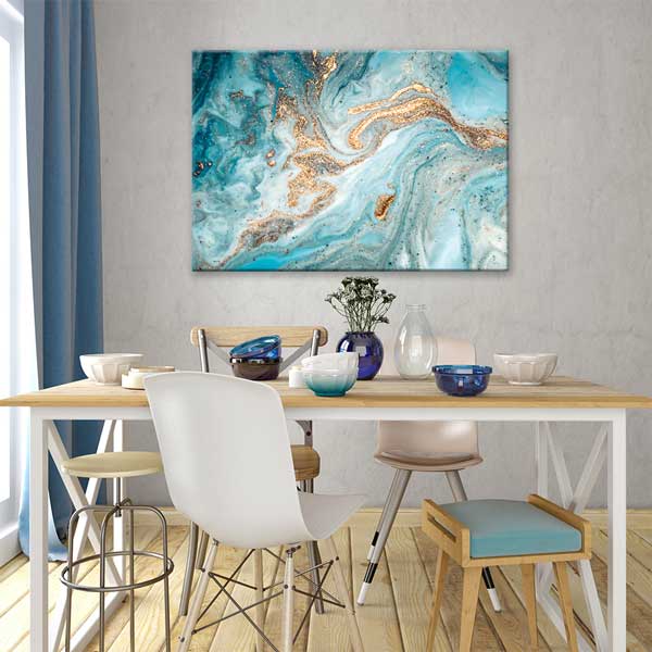 Turkuaz ve Altın Tonlu Modern Ebru Desenli Duvar Tablosu Kanvas Tablo 12130