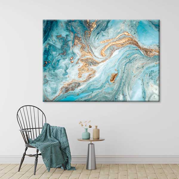 Turkuaz ve Altın Tonlu Modern Ebru Desenli Duvar Tablosu Kanvas Tablo 12130