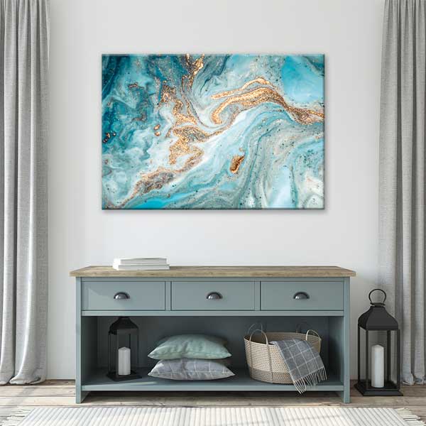 Turkuaz ve Altın Tonlu Modern Ebru Desenli Duvar Tablosu Kanvas Tablo 12130