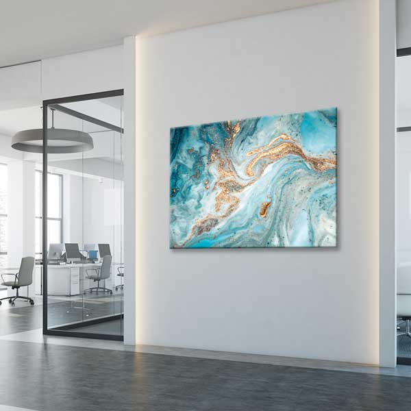 Turkuaz ve Altın Tonlu Modern Ebru Desenli Duvar Tablosu Kanvas Tablo 12130
