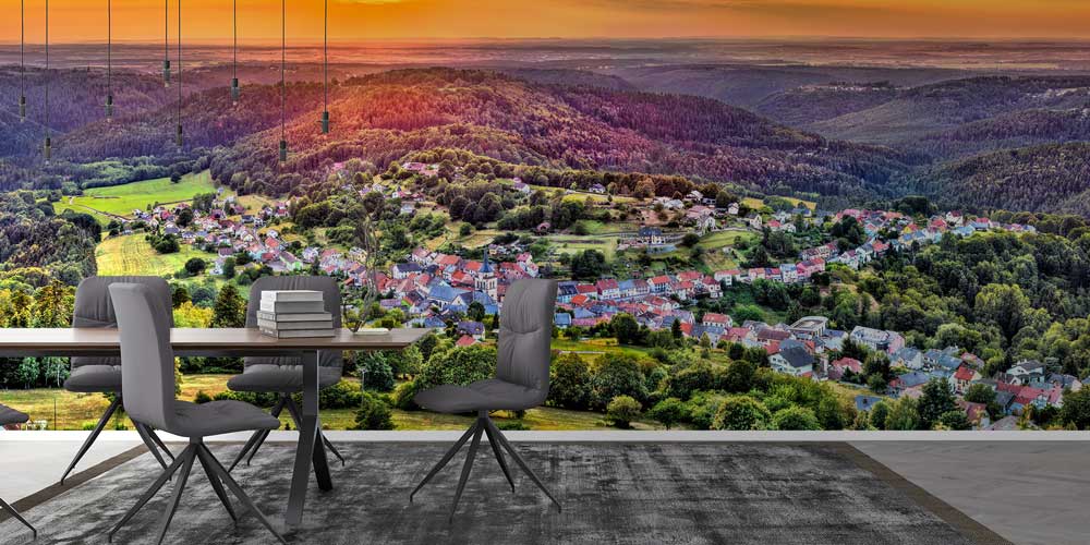 Gün Batımında Avrupa Köyü Panoramik Manzaralı Duvar Kağıdı 13125