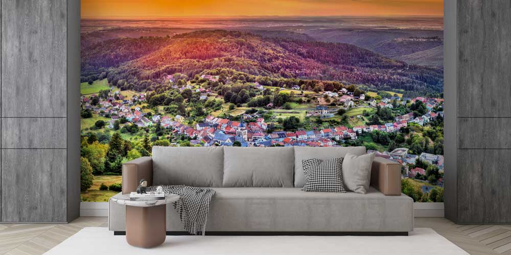 Gün Batımında Avrupa Köyü Panoramik Manzaralı Duvar Kağıdı 13125