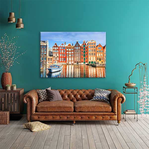 Amsterdam Kanalları ve Renkli Evler Manzarası Kanvas Tablo 13544