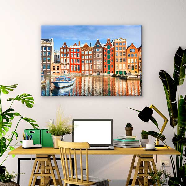 Amsterdam Kanalları ve Renkli Evler Manzarası Kanvas Tablo 13544