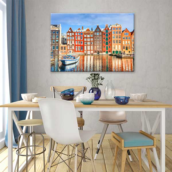 Amsterdam Kanalları ve Renkli Evler Manzarası Kanvas Tablo 13544