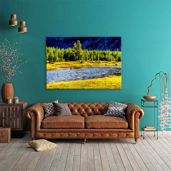 Nehir Kıyısı ve Çam Ormanları Doğa Manzarası Fotoğraf Sanatı Kanvas Tablo 13628