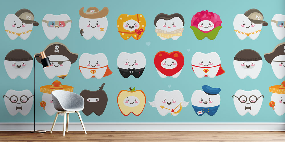 Diş Kliniği Duvar Kağıdı Çizgi Karakter Diş Figürleri 2531