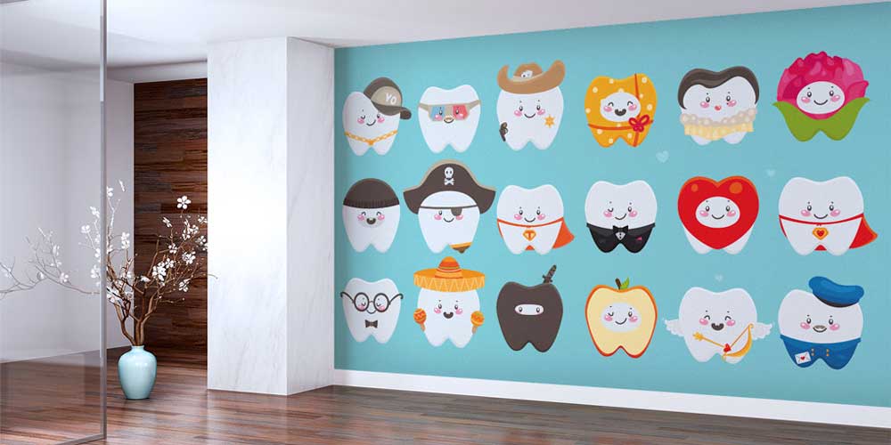 Diş Kliniği Duvar Kağıdı Çizgi Karakter Diş Figürleri 2531