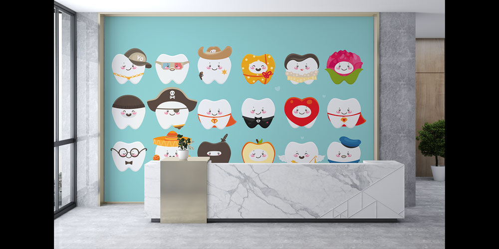 Diş Kliniği Duvar Kağıdı Çizgi Karakter Diş Figürleri 2531