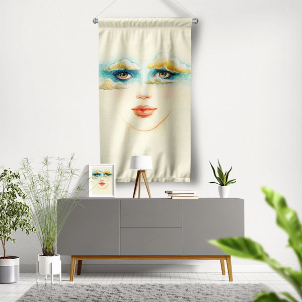 Sanatsal Kadın Yüz İllüstrasyonu Tasarımlı Kuaför Duvar Flaması Kumaş Baskı 5762