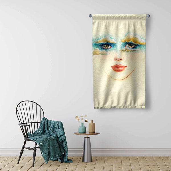 wall-art-decor-5762-01 Sanatsal Kadın Yüz İllüstrasyonu Tasarımlı Kuaför Duvar Flaması Kumaş Baskı 5762