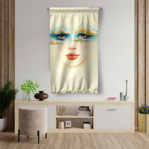 wall-art-decor-5762-02 Sanatsal Kadın Yüz İllüstrasyonu Tasarımlı Kuaför Duvar Flaması Kumaş Baskı 5762