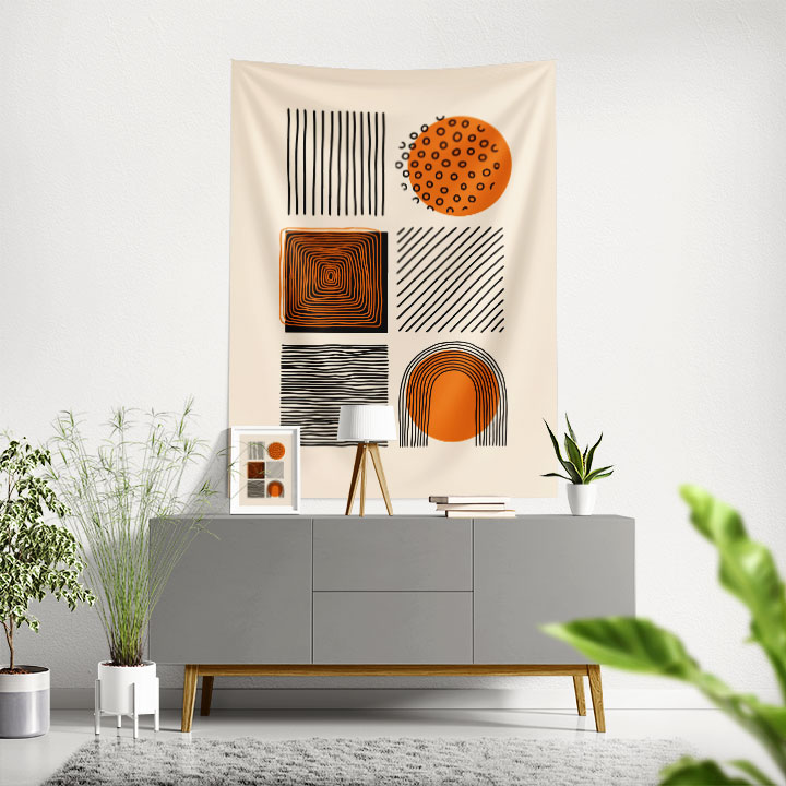 Geometrik Soyut Desenli Minimal Duvar Örtüsü – Modern Turuncu Siyah Dekor 6280
