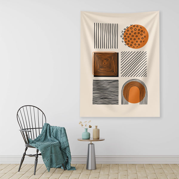 Geometrik Soyut Desenli Minimal Duvar Örtüsü – Modern Turuncu Siyah Dekor 6280