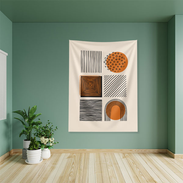 Geometrik Soyut Desenli Minimal Duvar Örtüsü – Modern Turuncu Siyah Dekor 6280