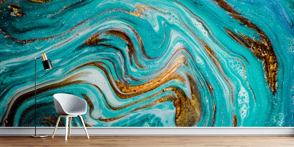 Altın Dokulu Turkuaz Soyut Akışkan Sanat Duvar Kağıdı 11628