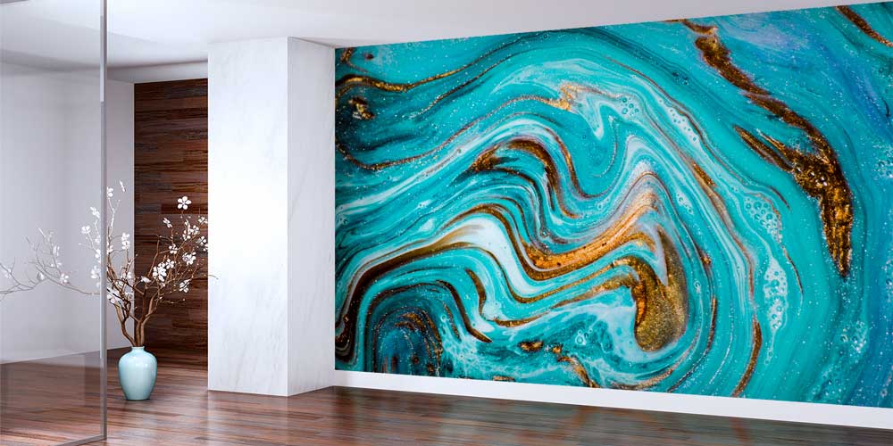 Altın Dokulu Turkuaz Soyut Akışkan Sanat Duvar Kağıdı 11628