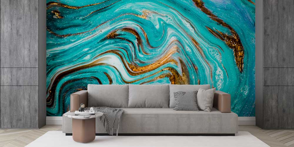 Altın Dokulu Turkuaz Soyut Akışkan Sanat Duvar Kağıdı 11628