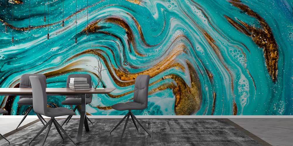 Altın Dokulu Turkuaz Soyut Akışkan Sanat Duvar Kağıdı 11628